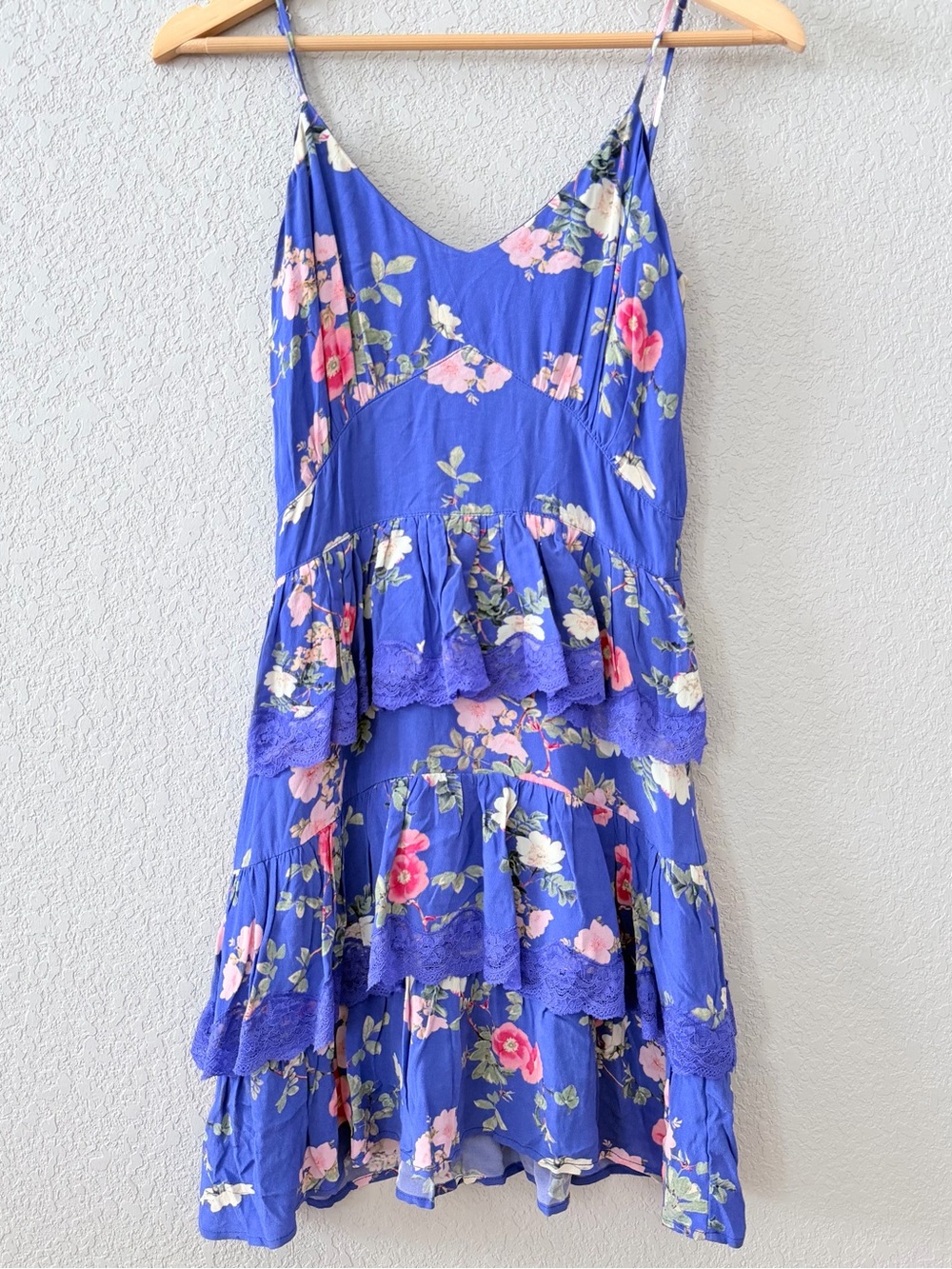 Lovers + Friends Blue Floral Tiered Sundress with Pink & Cream Blossoms
